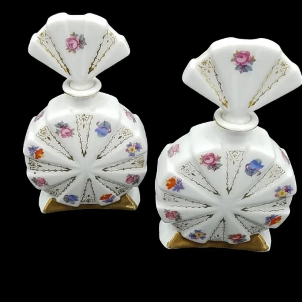 Vintage Pair Milk Glass Hand Painted Scent Bottles Japan